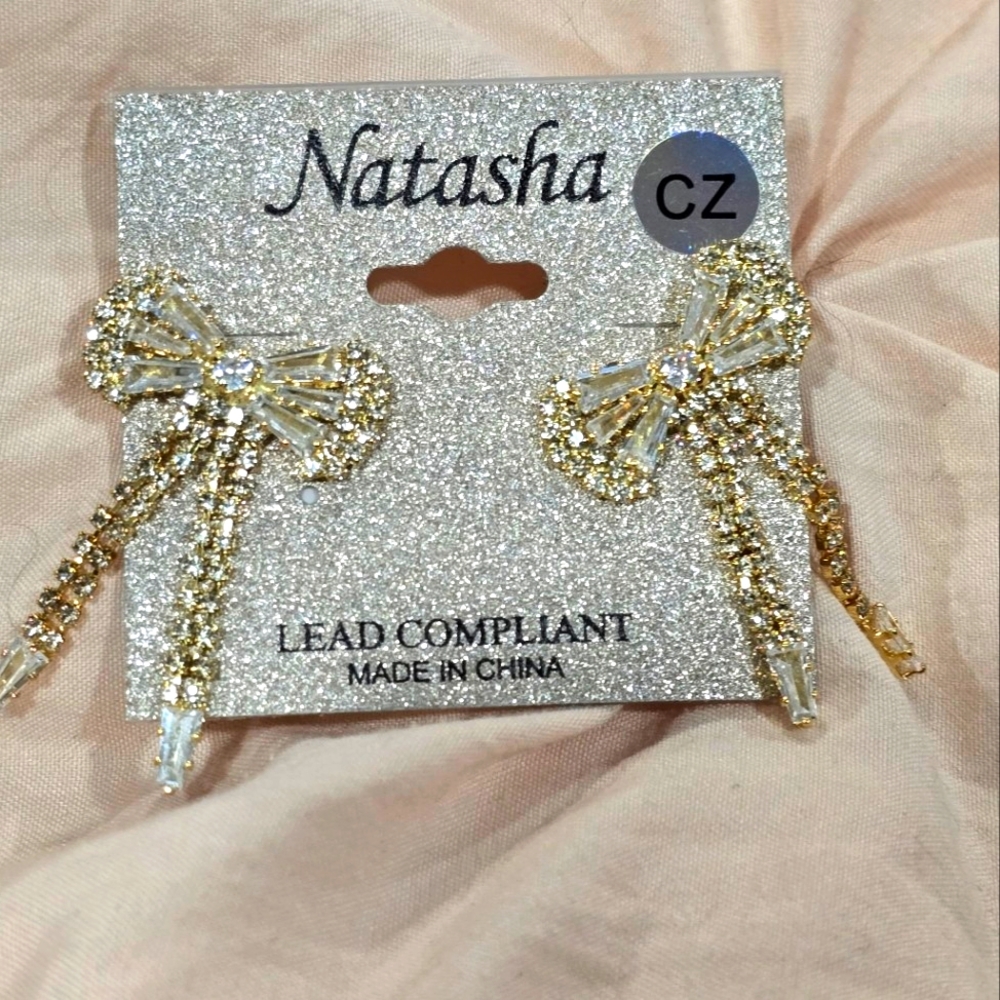 NATASHA CZ Diamond Bow Dangle Earrings Crystal Gold Tone NWT